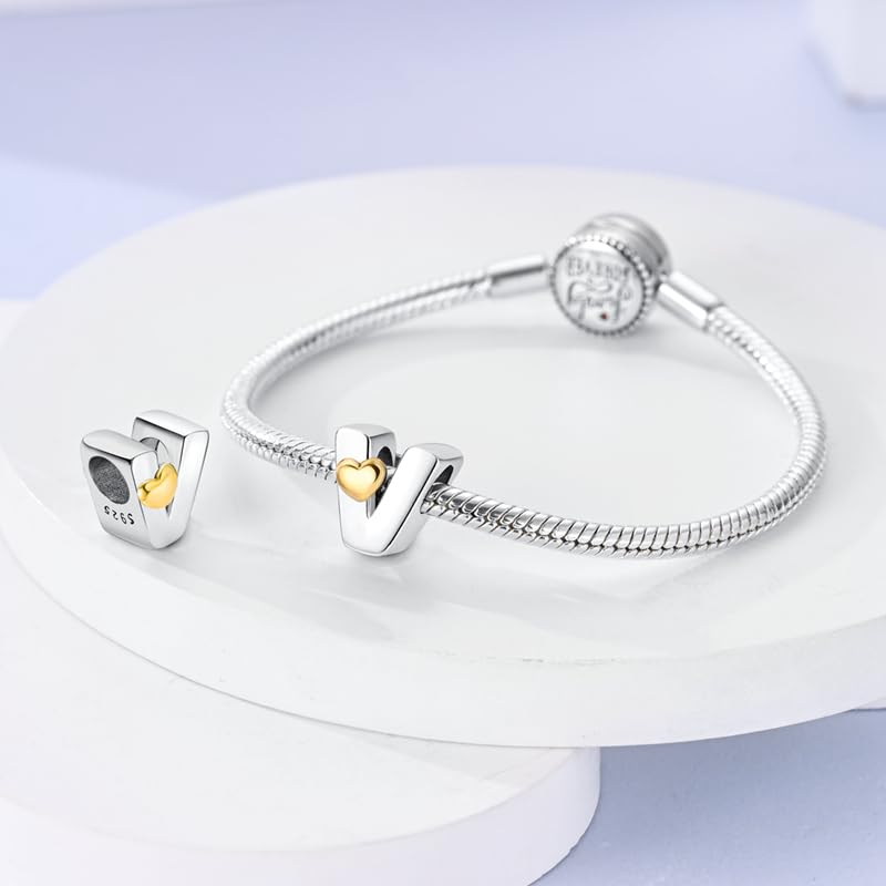 Women 925 Sterling Silver Charms A-Z Heart Letters Beads Pendant for Bracelets Women Fit Pandora Bracelets Hypoallergenic Beads - color: V