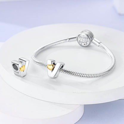 Women 925 Sterling Silver Charms A-Z Heart Letters Beads Pendant for Bracelets Women Fit Pandora Bracelets Hypoallergenic Beads - color: V