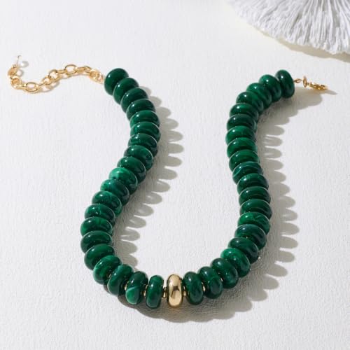 Beaded necklace for Women Boho Bead Gemstone Chunky Necklace Big Bead Necklace Fashion Trendy Summer Necklaces Jewelry Gifts - color: Green&GD Beaded