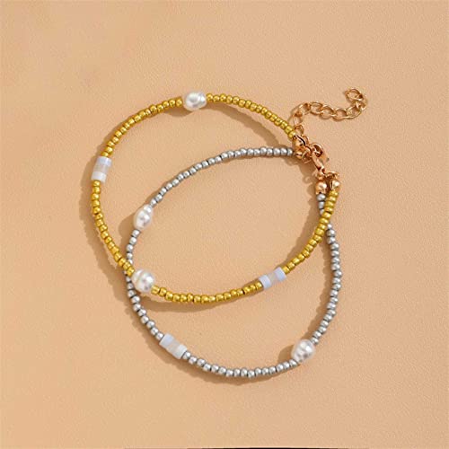 YienDoo Boho Layered Pearl Anklet Bracelet Gold Silver Faux Pearl Ankle Chain Layered Charm Anklet Minimalist Summer Beach Anklet Foot Jewelry Gifts for Women Girls