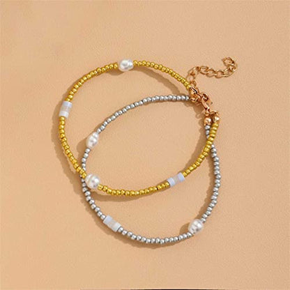 YienDoo Boho Layered Pearl Anklet Bracelet Gold Silver Faux Pearl Ankle Chain Layered Charm Anklet Minimalist Summer Beach Anklet Foot Jewelry Gifts for Women Girls