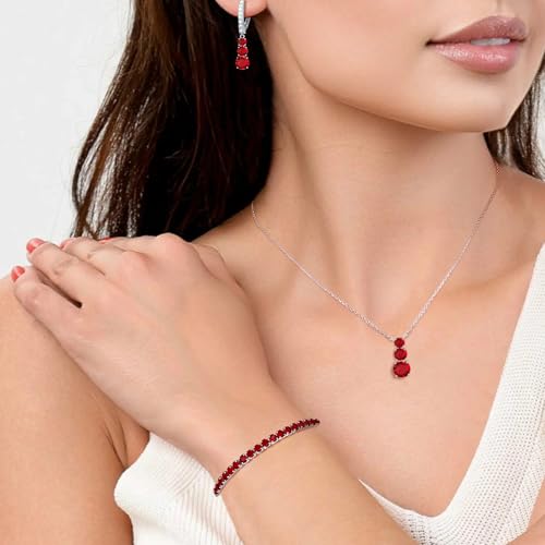 Crysdue Cubic Zirconia Jewelry Set for Women Bridesmaid, Classic Round Cut Drop Lightweight Lever Back Earrings Pendant Necklace Tennis Bracelet for Wedding Prom Party - style: 3pcs Red, Silver