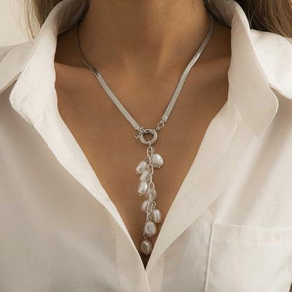 Women's Baroque Beaded Y Necklace, Trendy Pendant Long Choker, Simple Daily Wear Jewelry Gift - color: Silver