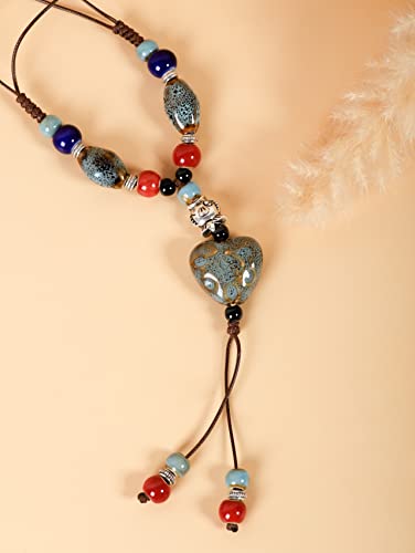 MINACHI Boho Hippie Colorful Ceramic Heart Bead Strand Necklace, Bohemian Summer Statement Jewelry Gift for Women - color: S04