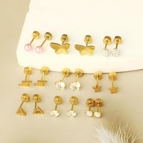 Stainless Steel Stud Earring 1 Pair Gold Flatback Earrings Hypoallergenic Screwback Jewellery Flat Back Helix Jewelry for Sensitive Ears Women Ladies Aretes De Mujer - style: 3-Ball