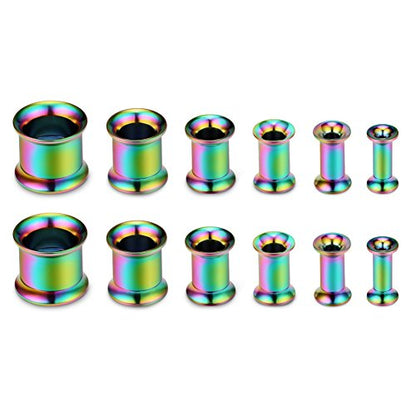 SCERRING 12PCS Screw Ear Tunnels Stretching Kit Stainless Steel Gauge Plugs Set Double Flared Expanders 8G-00G - color: 6Pairs - Rainbow