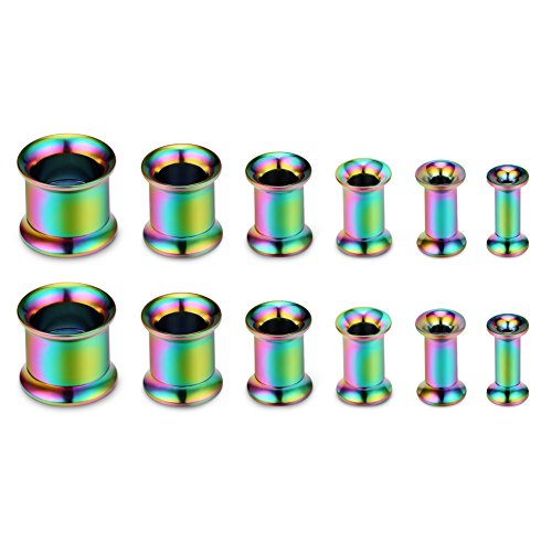 SCERRING 12PCS Screw Ear Tunnels Stretching Kit Stainless Steel Gauge Plugs Set Double Flared Expanders 8G-00G - color: 6Pairs - Rainbow