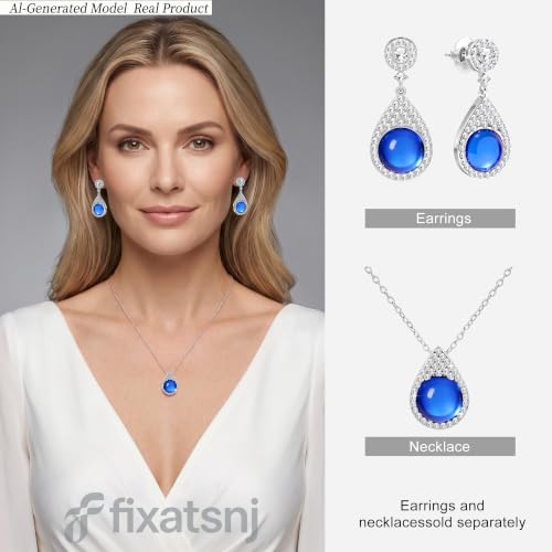 Women Trendy Faux Crystal Pendant Necklace 18K Gold/Silver Plated | CZ Halo Teardrop Drop Pendant Necklace Lightweight Fashion Jewelry Set Stackable For Wedding Daily Wear - color: Dark Blue