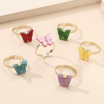 8 Pcs Gold Plated 3D Butterfly Rings Acrylic Adjustable Open Colorful Crystal Bowknot Shaped Band Rings for Women Girls Finger Jewelry - color: candy