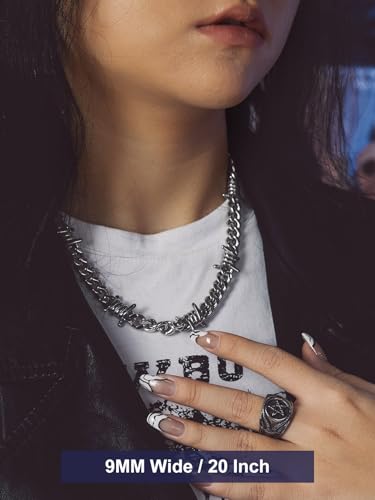 Bandmax Stainless Steel Barbed Wire Cuban Chain Necklace for Men & Women | Edgy Fierce Design, Waterproof & Tarnish Resistant, Silver/Black Tone, 5/7/9/12MM, 16-22 Inches, Street Punk Style Jewelry - color: A1 9MM-Silver, size: 22 Inch (Draped long style)