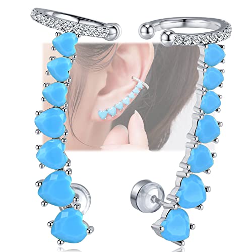 925 Sterling Silver Post Stud Earrings for Women Cartilage Ear Cuffs Hoop Climber 7 Multcolors Cubic Zirconia CZ Hypoallergenic Piercing Gifts For Her - color: Turquoise Silver