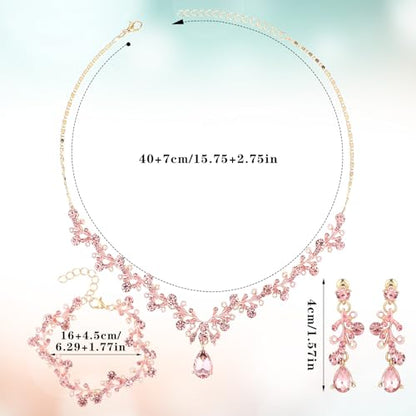 Rhinestone Wedding Jewelry Sets for Bridal Women Crystal Necklace Bracelet Earrings Set Prom Jewelry Set for Brides - color: Pink Gold