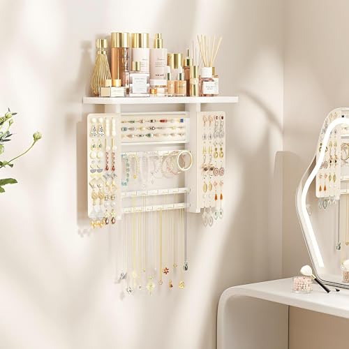Emfogo Jewelry Organizer Hanging Wall Mounted Jewelry Holder, 5-in-1 Large Capacity Necklace Organizer Wall Hanging Jewelry Display for Ring, Necklaces, Bracelets, Earrings (White) - color: White