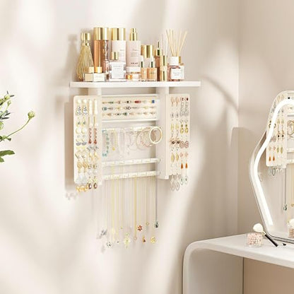 Emfogo Jewelry Organizer Hanging Wall Mounted Jewelry Holder, 5-in-1 Large Capacity Necklace Organizer Wall Hanging Jewelry Display for Ring, Necklaces, Bracelets, Earrings (White) - color: White