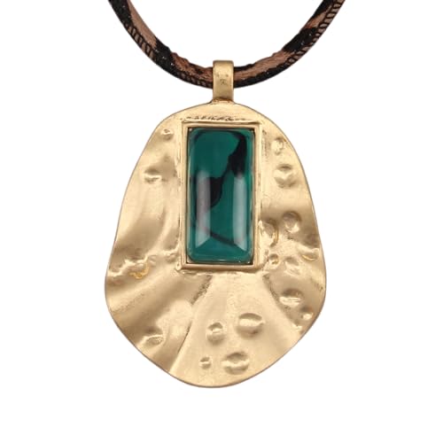 Jeilwiy Chunky Necklaces for Women Leather Cord Necklace with Pendant Boho Long Sweater Necklace Vintage Jewelry - style: Green Crystal & Gold