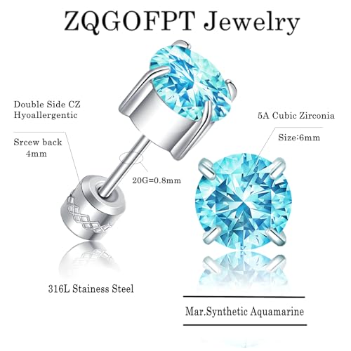 Titanium Flat Back Surgical Stainless Steel Stud Earrings for Women Men,Birthstone Stud Earrings Hypoallergenic Double Side 5A Cubic Zirconia Studs Jewelry 6mm - color: March (Aquamarine)
