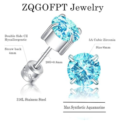 Titanium Flat Back Surgical Stainless Steel Stud Earrings for Women Men,Birthstone Stud Earrings Hypoallergenic Double Side 5A Cubic Zirconia Studs Jewelry 6mm - color: March (Aquamarine)