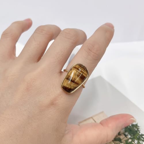 OIDIMS Gemstone Statement Ring for Women Gold-Tone Stainless Steel Natural Stone Rose Quartz Aventurine Turquoise Adjustable Open Band Stacking Finger Rings Boho Cocktail Wedding Party Jewelry - color: Tiger's Eye