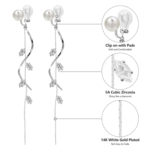 ASOQOLA Clip on Earrings Non Pierced for Women Long Dangle Drop Clip Earrings - Cubic Zirconia Leaf Earrings for Women Wedding Party Prom Jewelry Gifts - color: silver-white