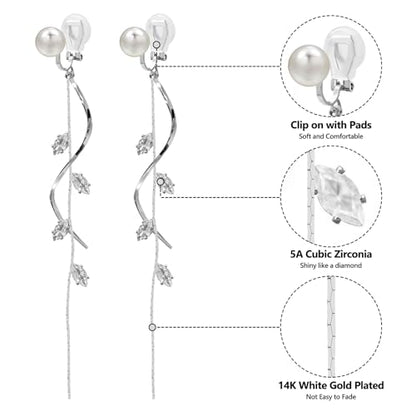 ASOQOLA Clip on Earrings Non Pierced for Women Long Dangle Drop Clip Earrings - Cubic Zirconia Leaf Earrings for Women Wedding Party Prom Jewelry Gifts - color: silver-white