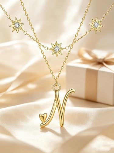 14K Gold A-Z Initial Lette Necklace Star Choker Women Necklace | Personalized Initial Jewelry, Meaningful Name Letter Gift for Women Wife Mom Friend, Perfect Present For Birthday/Anniversary - style: 14K Gold-N