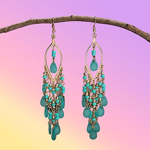 Essencedelight Crystal Beaded Tassel Earring Long Beaded Dangle Earring Fringe Hook Earring for Women Bridal Wedding - color: blue 2