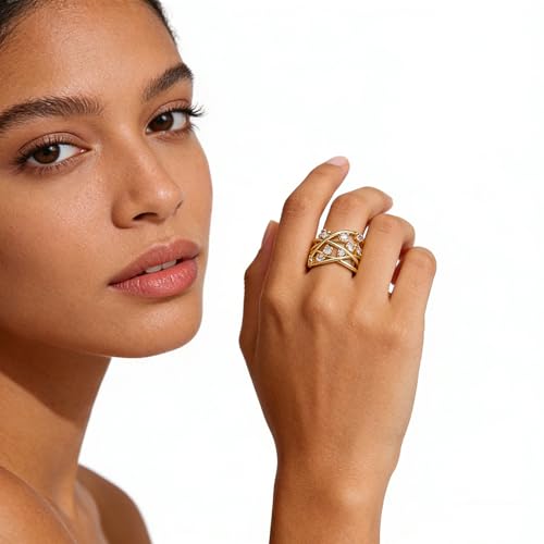 18K Gold Plated Rings for Women and Teen Girls Non Tarnish Cubic Zirconia Fidget Ring Butterfly/Snake/Mesh/Cross/Crown Knuckle Ring Open Adjustable Statement Stacking Chunky Rings - color: Mesh