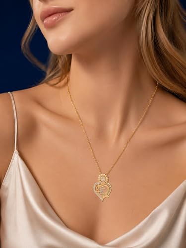 14K Gold Sunflower Initial Necklaces for Women | Heart Letter Pendant You Are My Sunshine Jewelry Gifts - style: E