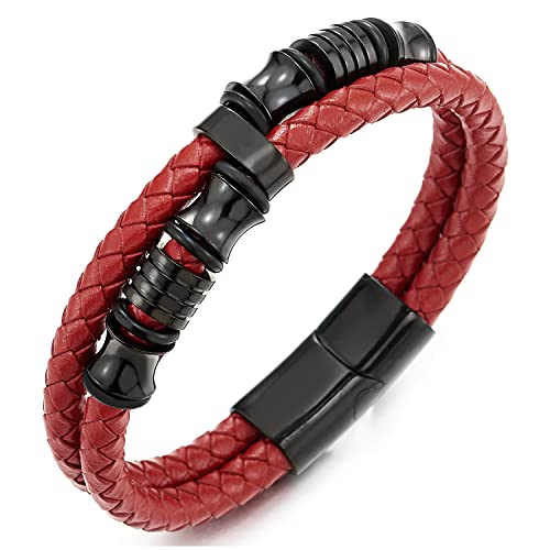 COOLSTEELANDBEYOND Mens Double-Row Braided Leather Bracelet Bangle Wristband with Black Stainless Steel Ornaments - color: K-Red