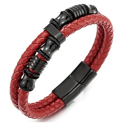 COOLSTEELANDBEYOND Mens Double-Row Braided Leather Bracelet Bangle Wristband with Black Stainless Steel Ornaments - color: K-Red