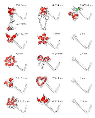 BSJ4U Nose Rings L Shaped for Women Nose Piercings 20G Surgical Stainless Steel Nose Studs CZ Heart Butterfly Flower Cherry Bow Moon Dangle Nose Piercing Jewelry - color: Silver Red Nose Rings