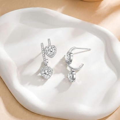 SAVORI 14K Gold Plated Heart CZ Drop Earrings for Women, 925 Sterling Silver Half Hoop Huggie Earrings with Dangling Heart Halo CZ Charm, Hypoallergenic Love Dangle Earrings, Everyday & Bridal Jewelry Gifts - color: Silver