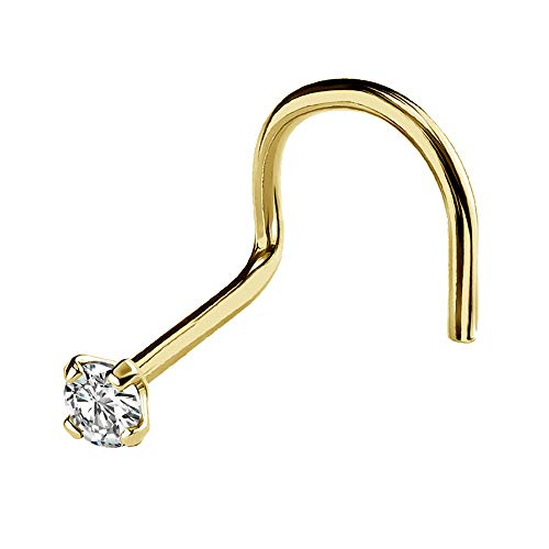 Jewelry Avalanche Solid 14Kt Gold Nose Screw, 24G Nose Hook, Nose Stud, 14kt Yellow Gold or 14kt White Gold Nose Ring Prong Set CZ Accent - style: 14kt yellow gold w/ 1.5mm cz