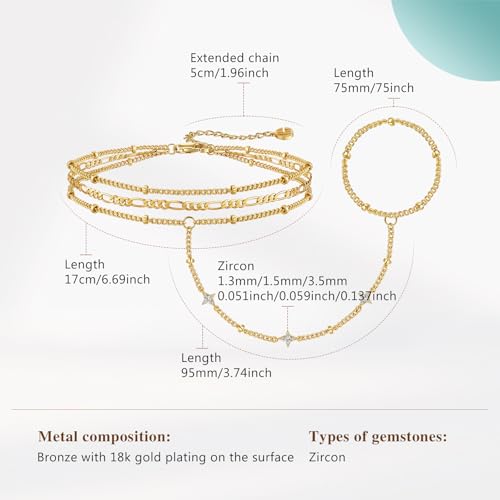 Cicy Bell Hand Chain Bracelets for Women 18K Gold Plated | Layered Stackable Dainty Ring Bracelets, Adjustable Satellite Bead Dot Link Finger Bracelets - color: Style K-Gold