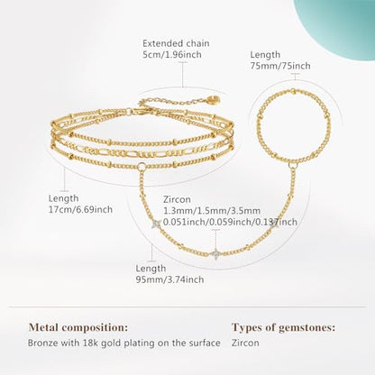 Cicy Bell Hand Chain Bracelets for Women 18K Gold Plated | Layered Stackable Dainty Ring Bracelets, Adjustable Satellite Bead Dot Link Finger Bracelets - color: Style K-Gold
