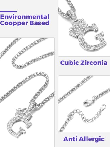 Richsteel Silver Crown Initial A-Z Letter Pendant Necklace for Men Women | Cubic Zirconia Monogram, 316L Steel Chain, 22" + 2" Extender,Hypoallergenic,Gift Box, Hip Hop Jewelry - style: G