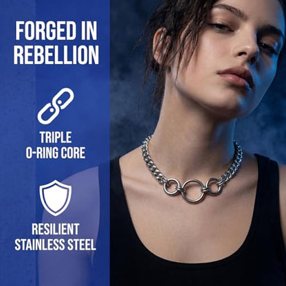 Punk O-Ring Choker Necklace for Women Men Non tarnish Chunky Stainless Steel Cuban Link Chain Collar Necklace Adjustable Goth Statement Jewelry Accessories - color: silver 3 rings