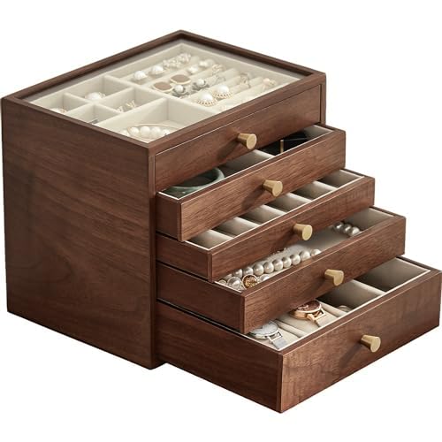 Black Walnut Wooden Women Jewelry Box with Glass Lid, 5 Layer | Large Wood Jewelry Drawer Organizer,Velvet-Lined, For Necklaces, Watch, Ring, Earring, Gift for Her - style: 5 Layer