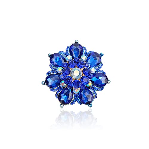 Flower Shape Crystal Cocktail Stretch Ring Party Prom Floral Statement Elastic Ring for Women - color: royal blue-gold tone