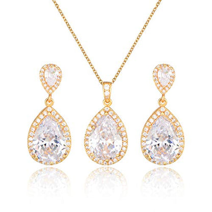 Bridal Jewelry Set for Wedding - 18k Plated Teardrop CZ Crystal Cubic Zirconia Rhinestone Necklace Earrings Set for Bride Bridesmaids Mother of Bride Party Prom Birthstone Costume Jewelry - color: Nov-Topaz