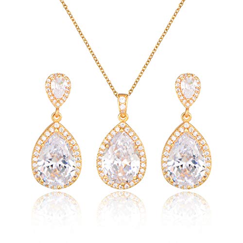 Bridal Jewelry Set for Wedding - 18k Plated Teardrop CZ Crystal Cubic Zirconia Rhinestone Necklace Earrings Set for Bride Bridesmaids Mother of Bride Party Prom Birthstone Costume Jewelry - color: Nov-Topaz