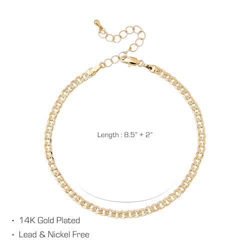 Red by Kiss 14K Gold Plated Glam Fashion Anklet, Hypoallergenic Cuff Link, Adjustable Strap, Lead & Nickel Free for Sensitive Skin - color: Curb 4MM