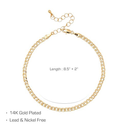 Red by Kiss 14K Gold Plated Glam Fashion Anklet, Hypoallergenic Cuff Link, Adjustable Strap, Lead & Nickel Free for Sensitive Skin - color: Curb 4MM