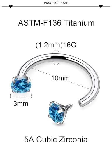 16G F136 Titanium Internal Thread Horseshoe Septum Nose Ring Piercing Jewelry Circular Barbell Helix Snug Tragus Rook Daith Cartilage Earring Lip Ring Piercing Jewelry for Women Men 8MM 10MM - style: 16G, 10MM Length, Ocean blue CZ