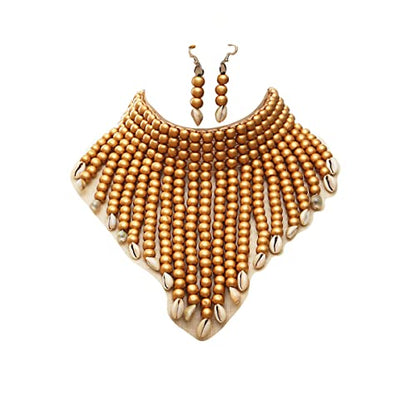 Wooden Beaded Seed Bib Necklace and Earrings Set for Women,Statement African Boho Layering Chunky Collar Choker Set - color: Gold