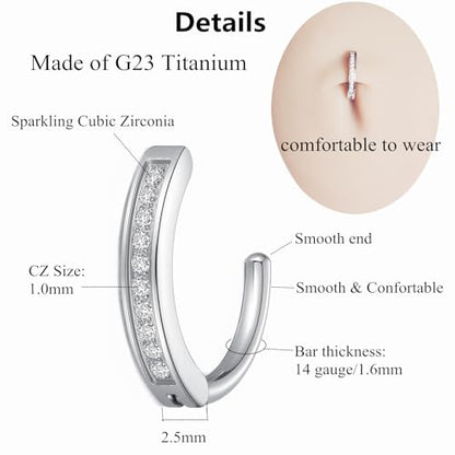ORANGELOVE G23 Titanium 14G Belly Button Rings for Women Hinged Hoop Clicker Belly Ring Reverse Curved Navel Ring Floating Navel Barbell Piercing Jewelry 14 Gauge 8mm 10mm 12mm 14mm - color: CZ Silver