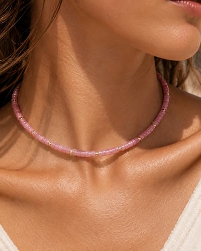 Natural Heishi Gemstone Choker Necklace for Women, Adjustable 15"+2" Beaded Layering Necklace, Coastal Beach Jewelry Gift for Her - color: Rose Quartz (Dark Color)