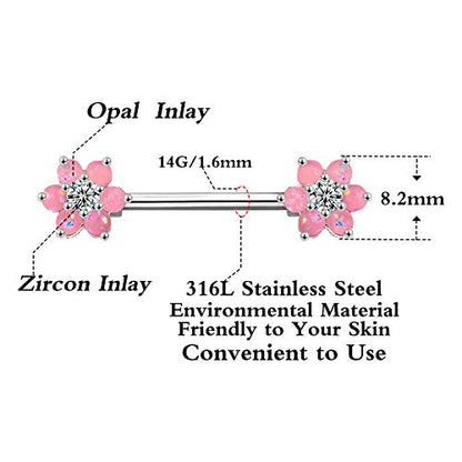 14G Opal Flower CZ Nipple Barbell Nipple Ring Piercing Jewelry for Women - color: pink