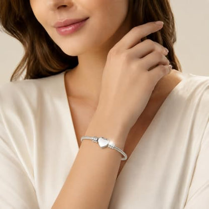 Stainless Steel Heart Charm Snake Chain Bracelet - Adjustable Silver Bangle for Women, Hypoallergenic Waterproof Jewelry Gift for Birthday, Anniversary, Valentine's Day - color: Silver White-C