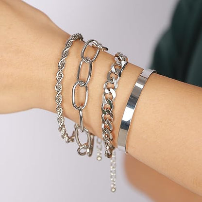 Dainty Boho Chain Bracelets Set for Women Adjustable Fashion Beaded Chunky Flat Cable Chain Punk Bracelets for Women Gift Set of 4 - color: Silver